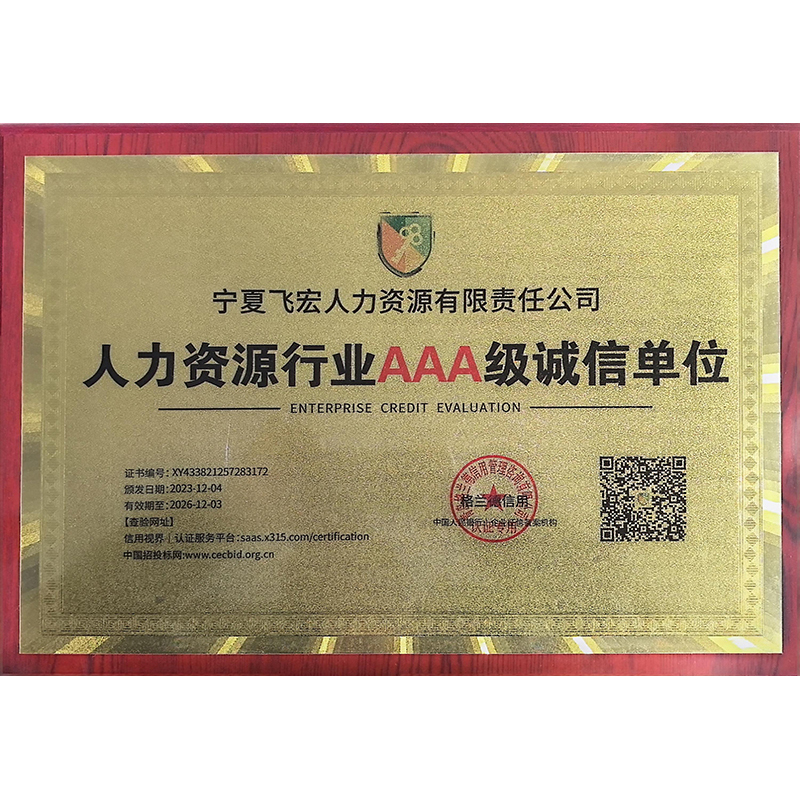 人力资源行业AAA级诚信单位